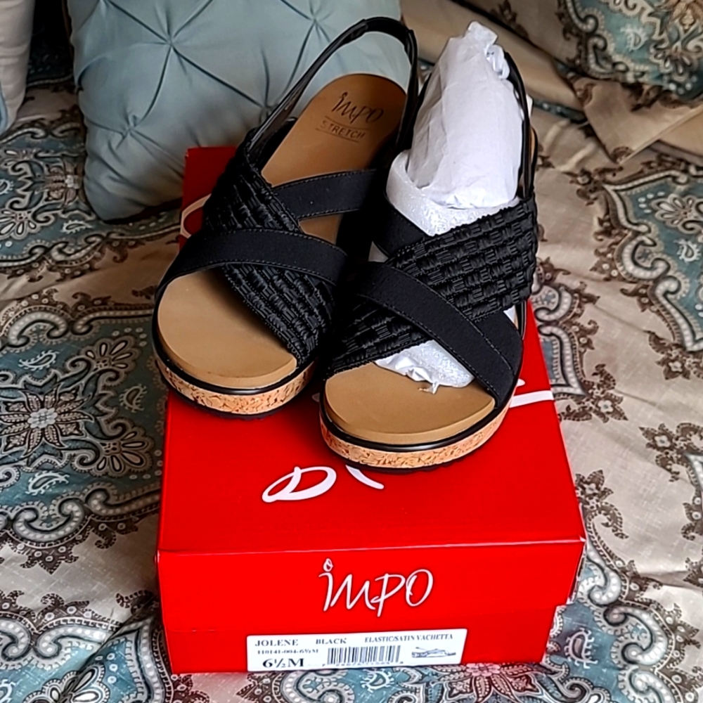Black fabric wedge sandals